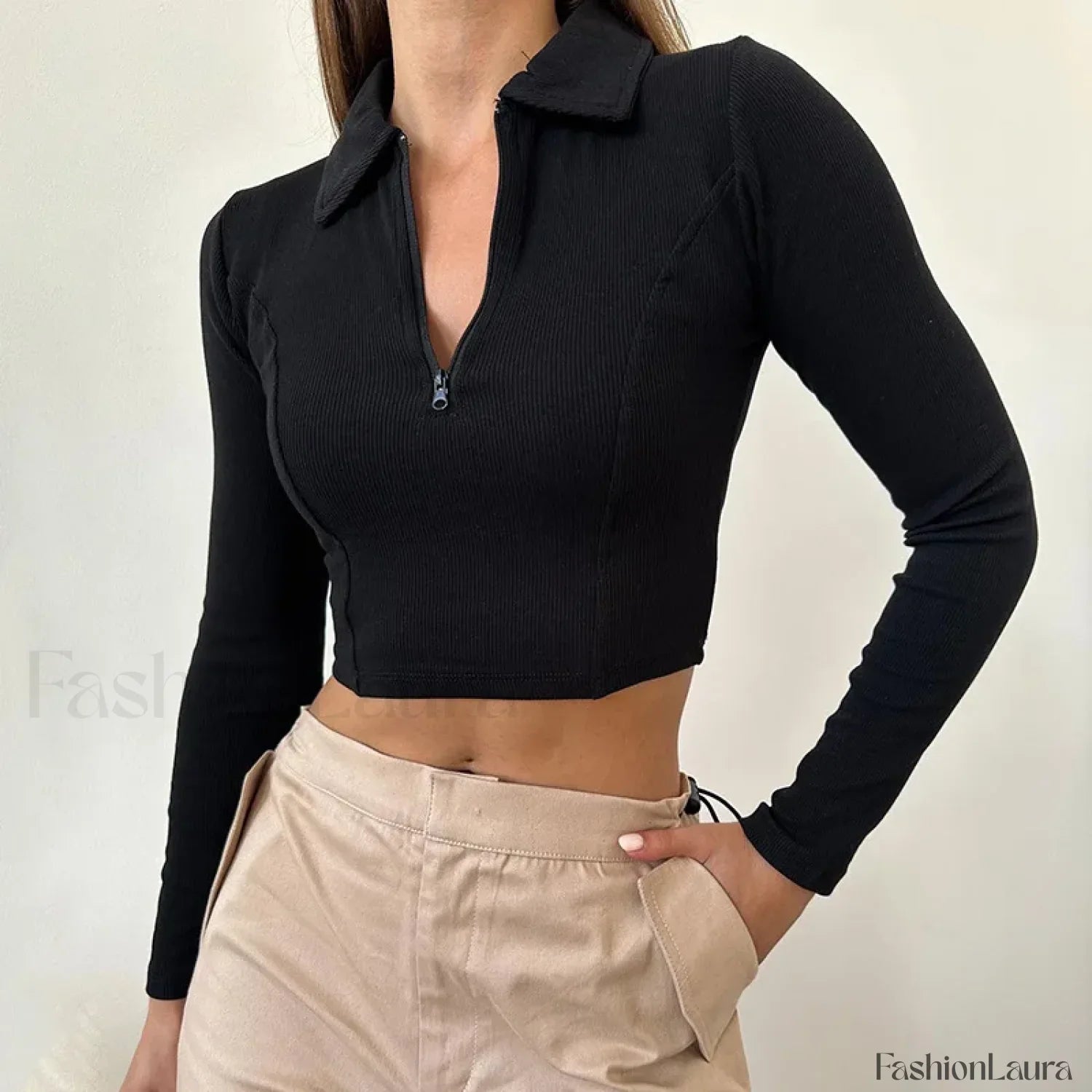 Black Long Sleeve Zipper Crop Top Casual Fashion T-Shirt