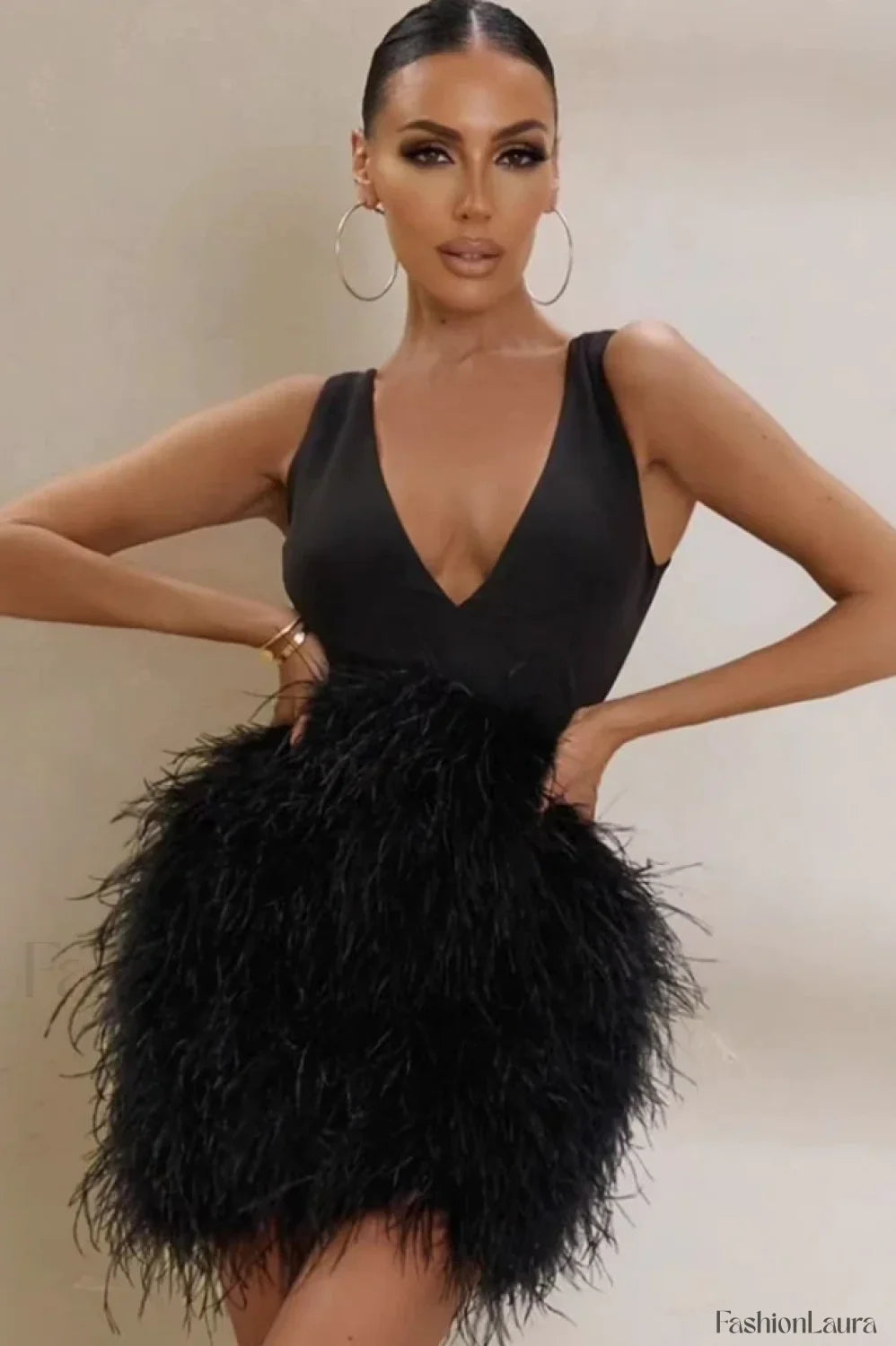 Black Plunge Stylish Front Mini Dress