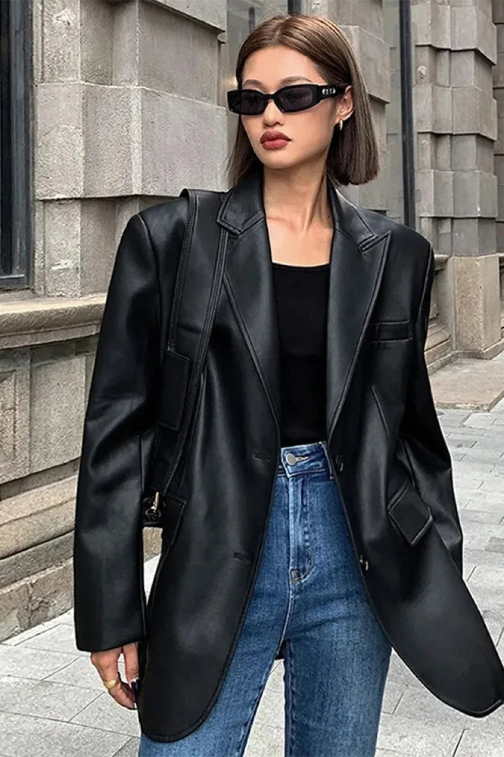 Black PU Leather Blazer Jacket