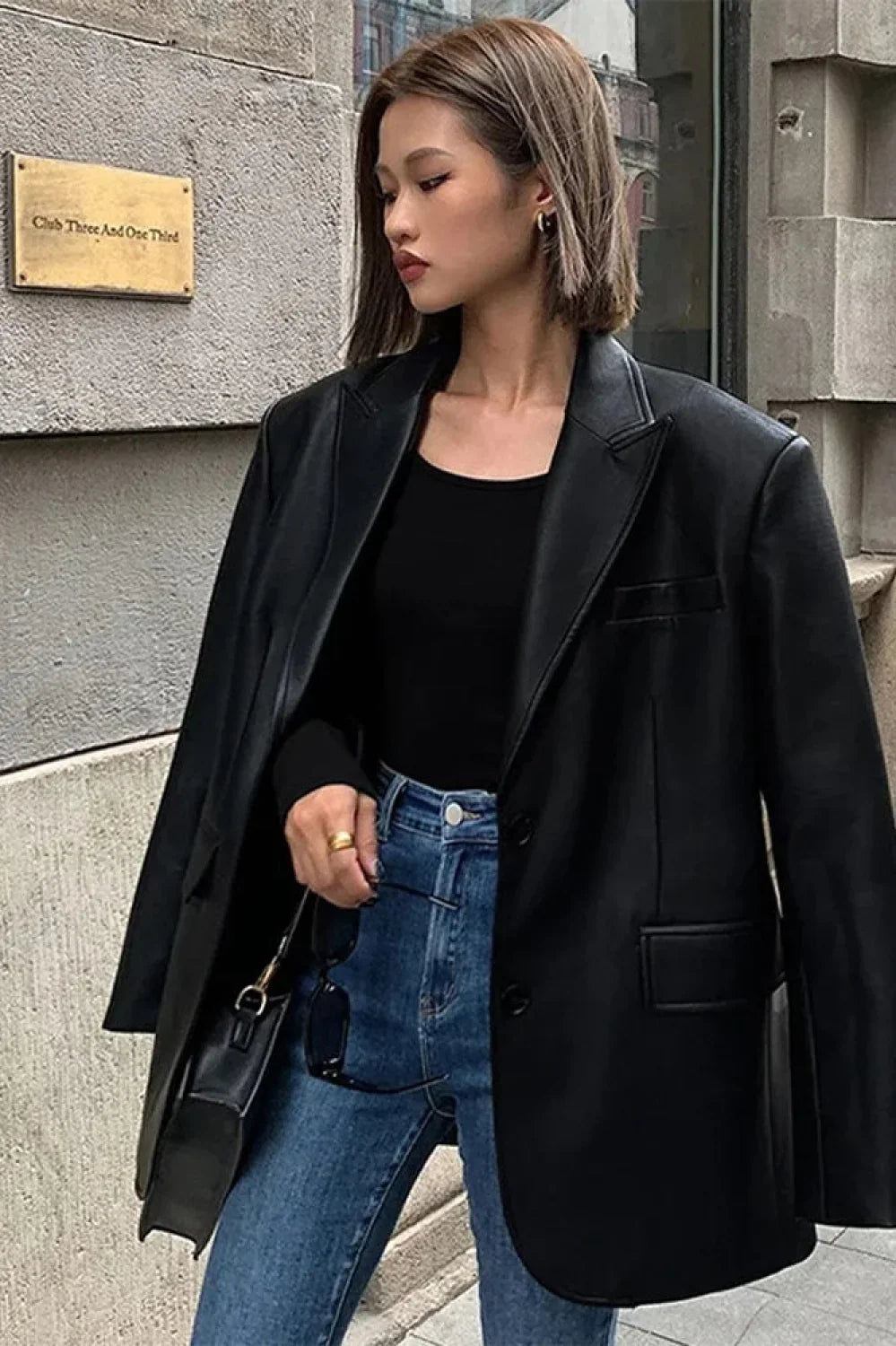 Black PU Leather Blazer Jacket