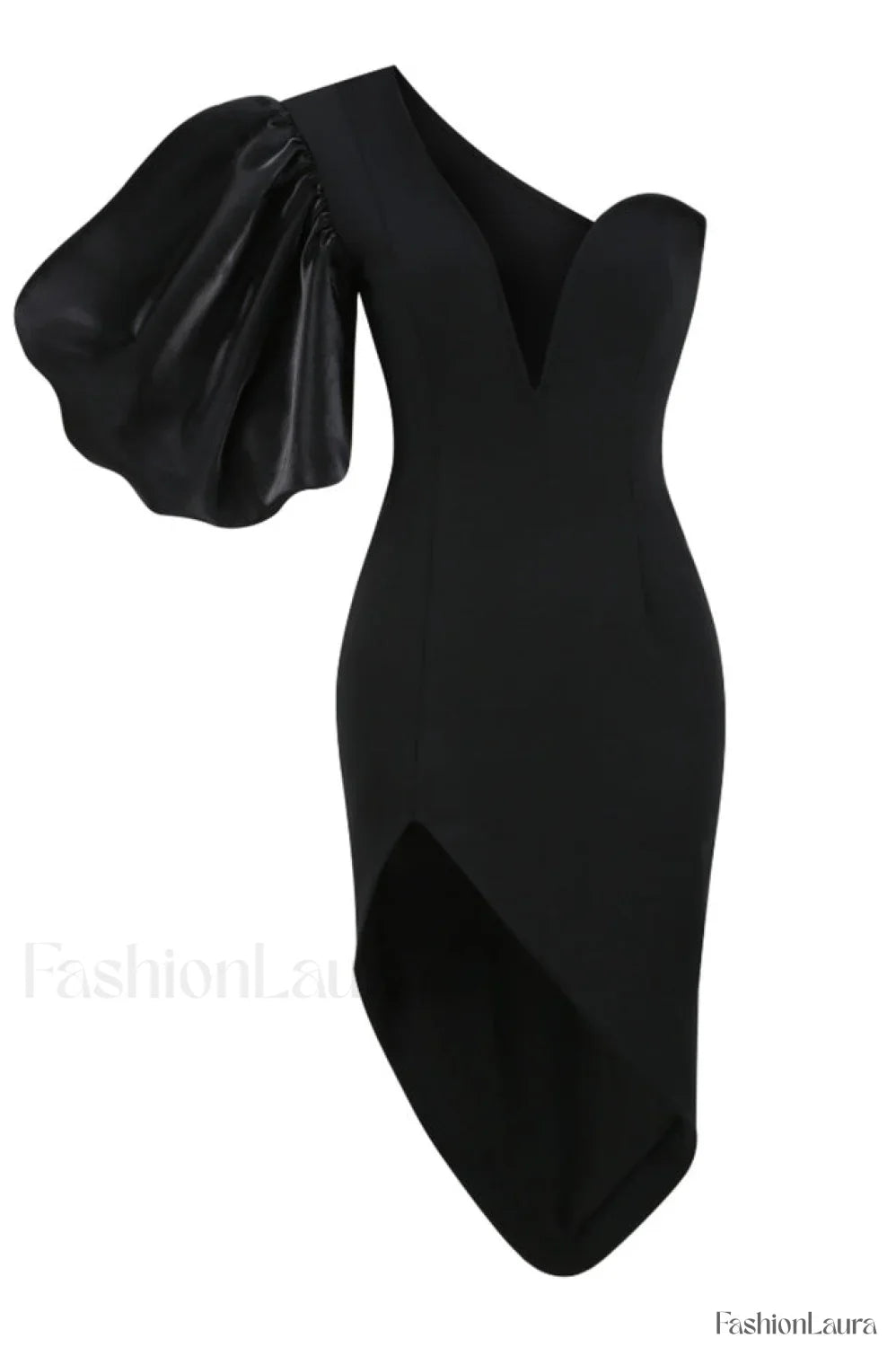 Black Puff Sleeve Charming Asymmetric Midi Dress