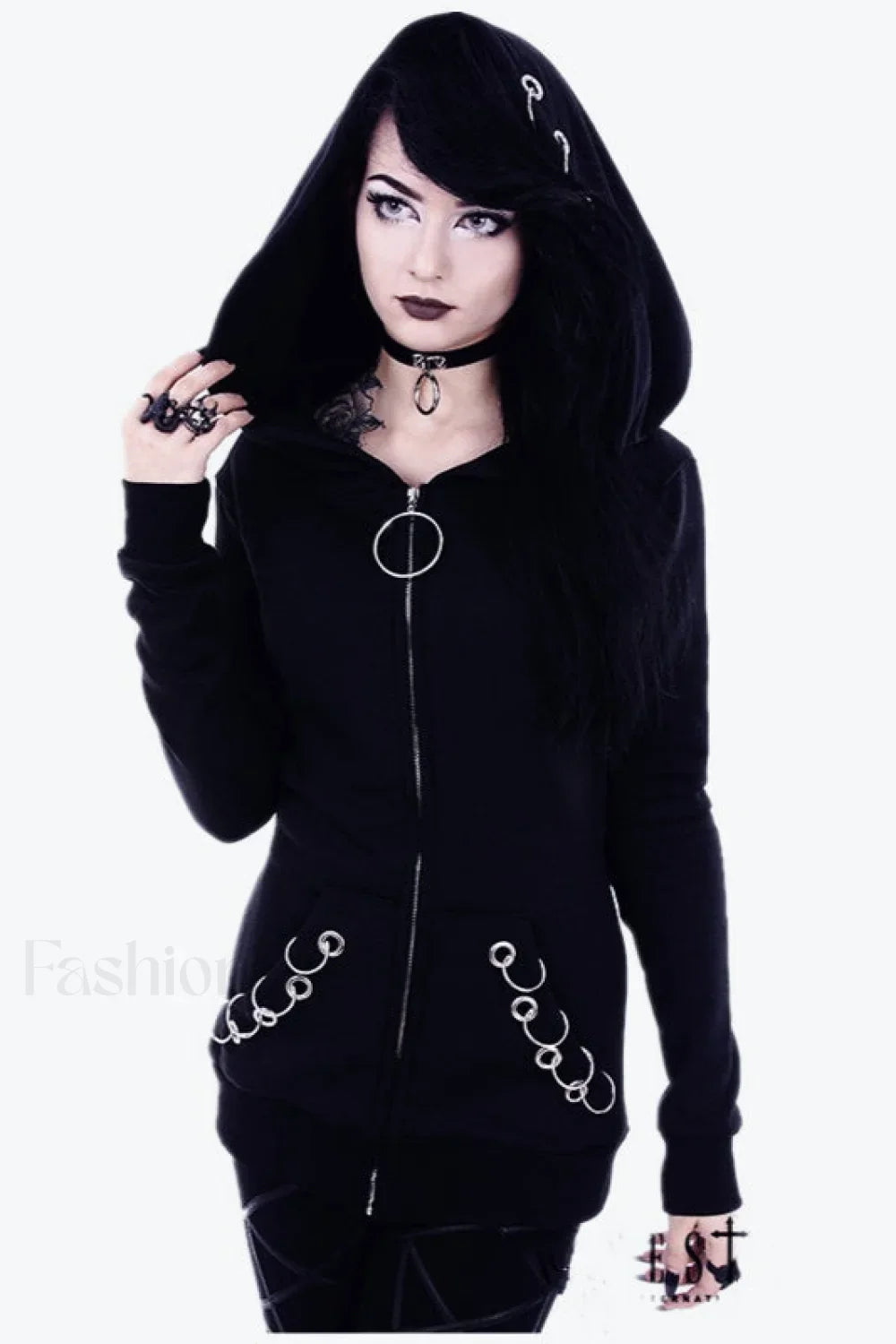 Black Punk Metal Ring Hoodie Black / S