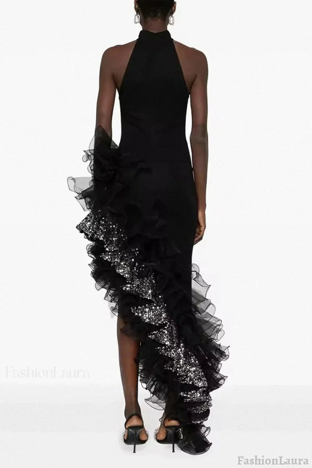 Black Ruffled Mesh Asymmetrical Party Dress