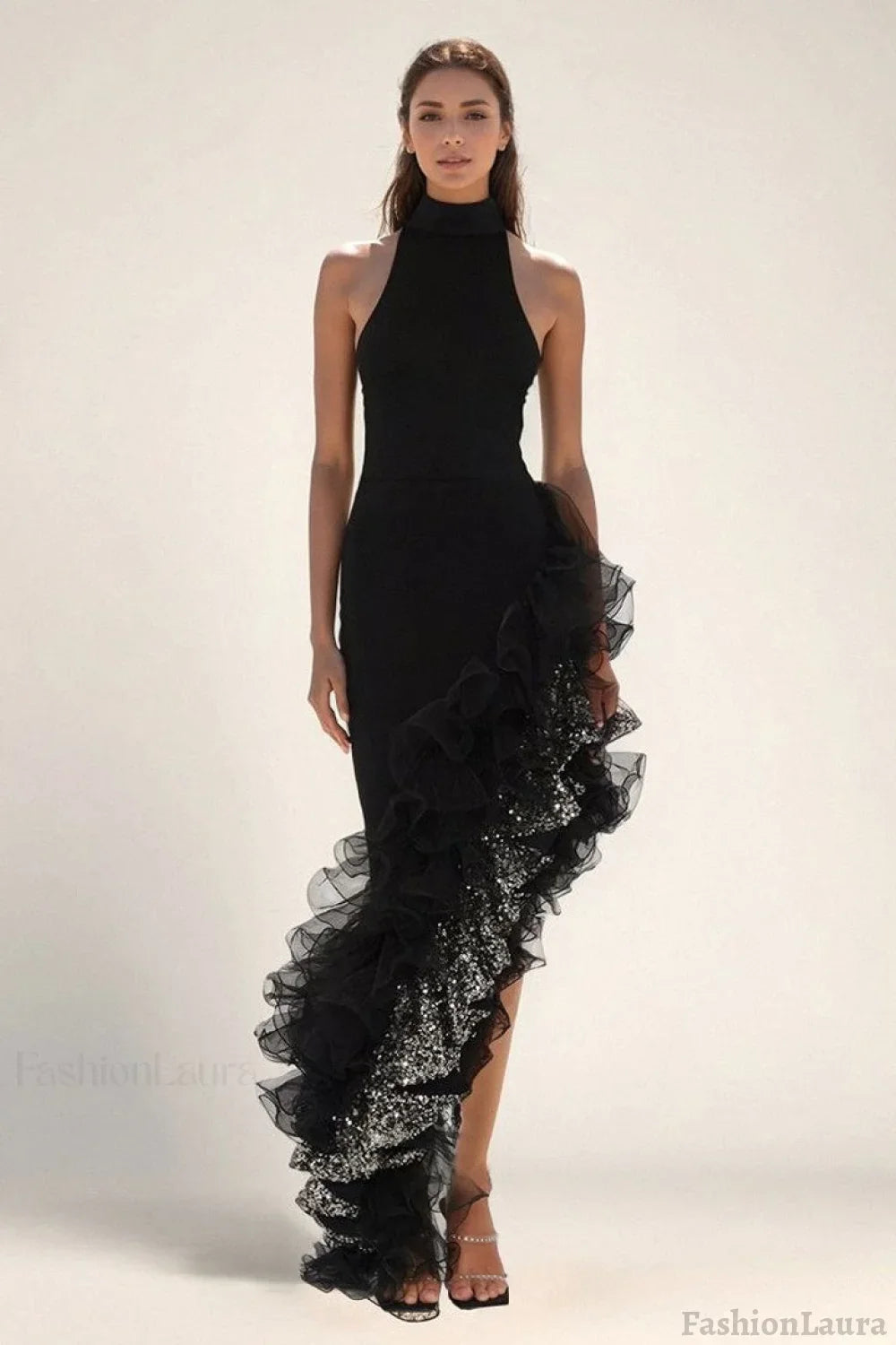 Black Ruffled Mesh Asymmetrical Party Dress S / Black