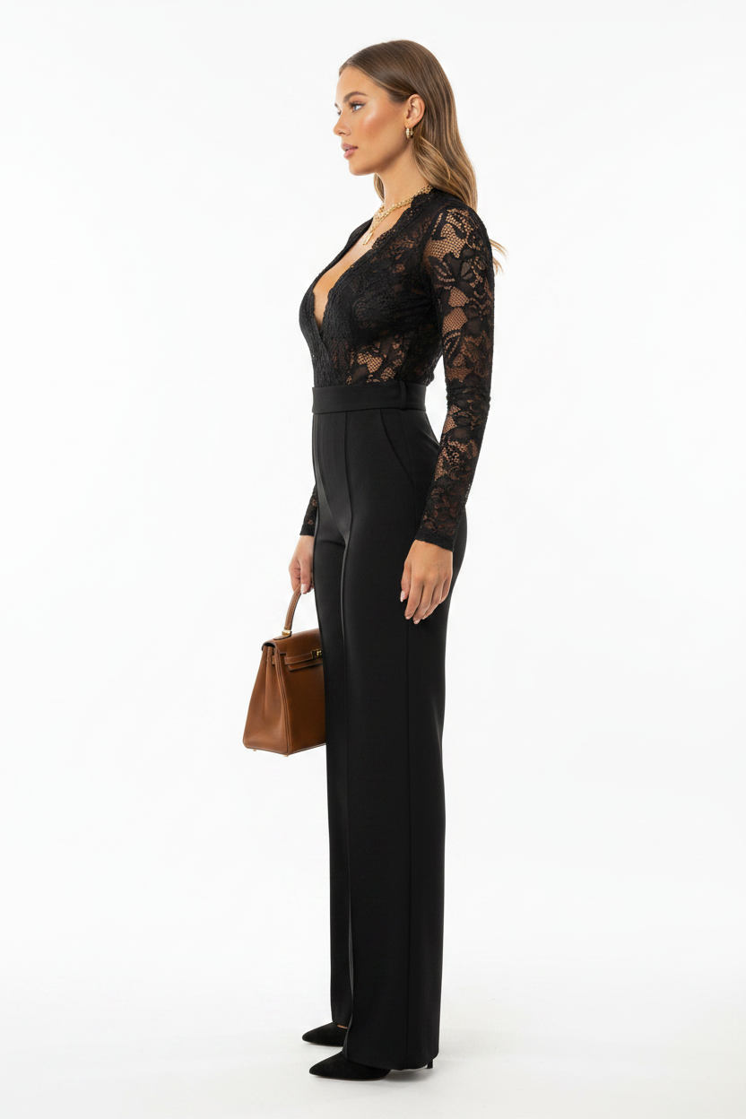 Floral Lace Deep V-Neck Long Sleeve Belted Wide Leg Jumpsuit