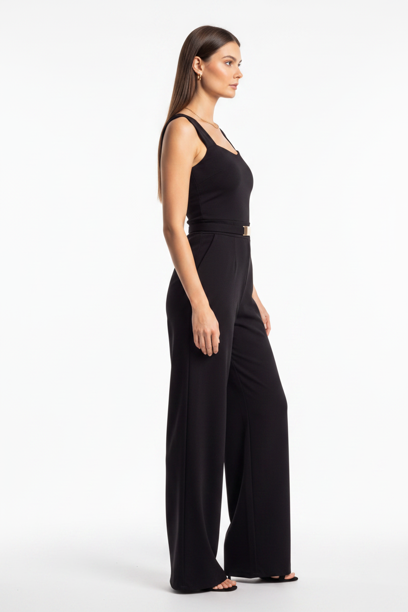 Women's Black Wide Leg Sleeveless Square Neck Jumpsuit with Pockets & Belt