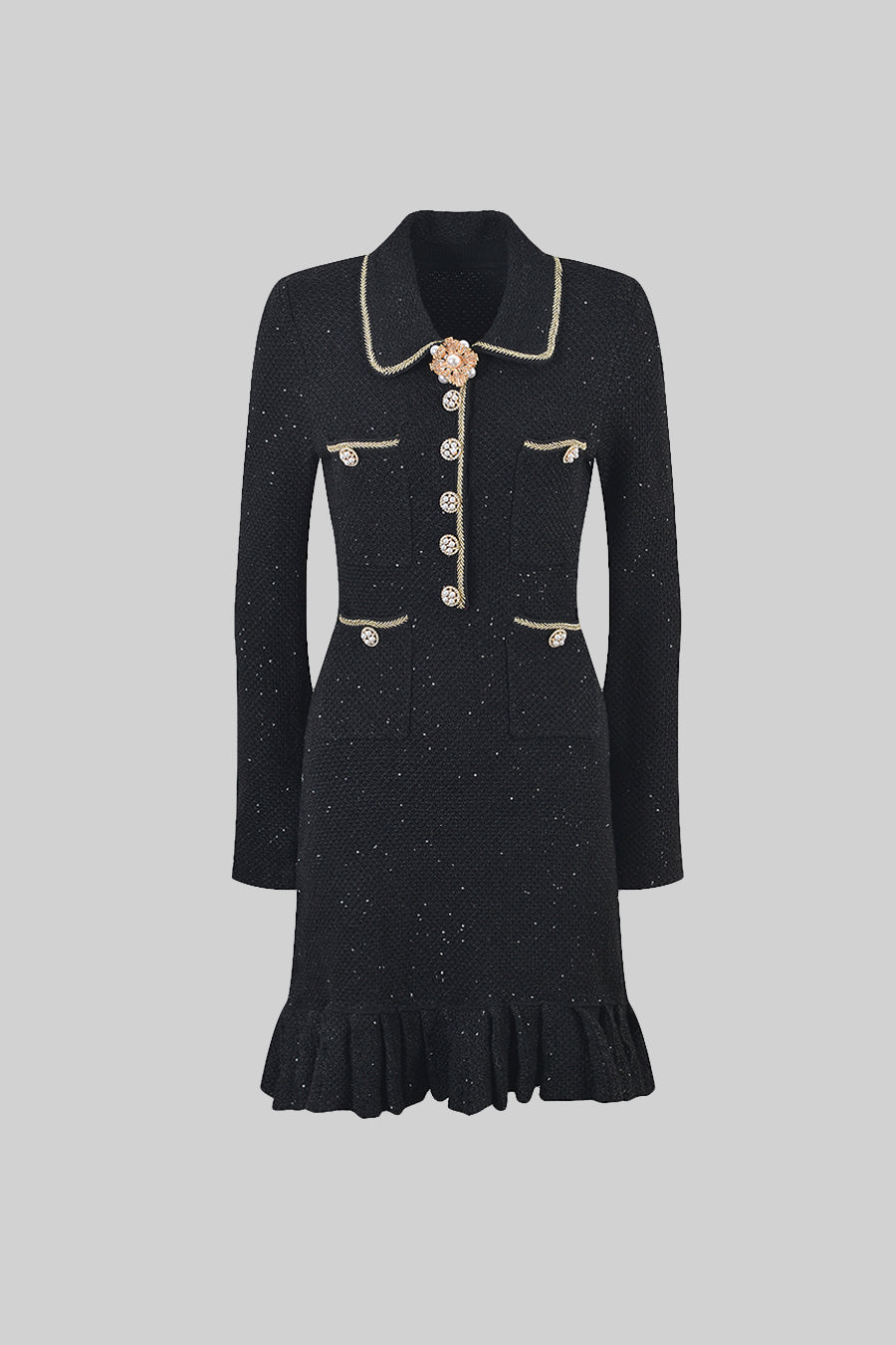 Tweed Pearl Collar Metallic Button Patch Pocket Mini Dress - View 2