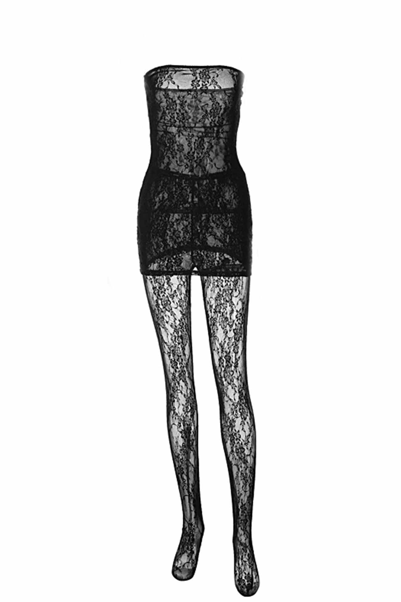 Strapless Floral Lace Bodycon Mini Dress and Lace Leggings Two Piece Set