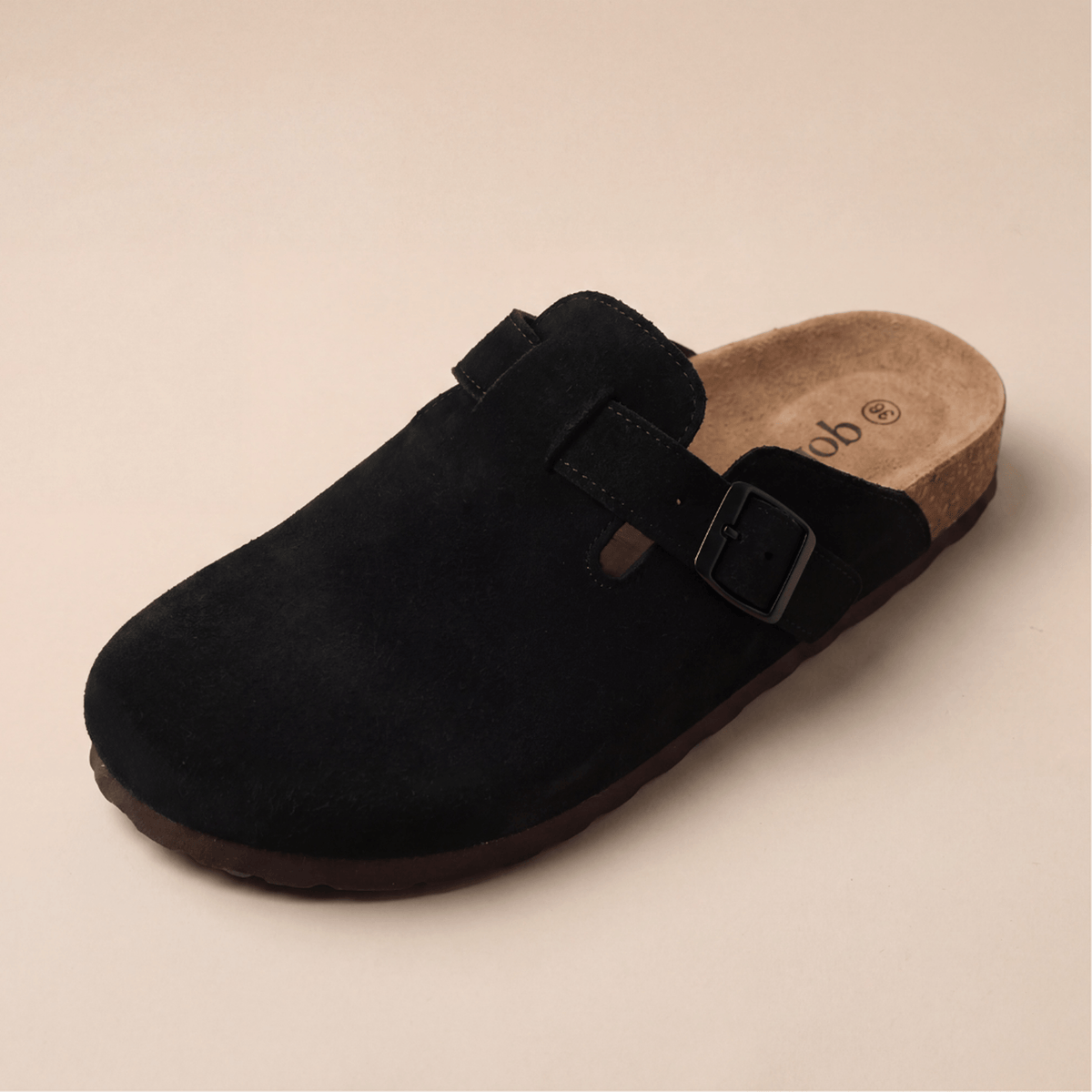 Suede Buckle Strap Closed Toe Clog Mules