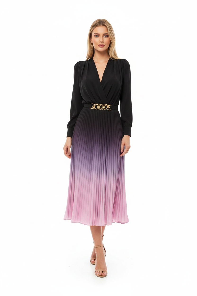 Stylish Ombre Midi Dress with Elegant Sleeves and Flattering Fit - Jamota