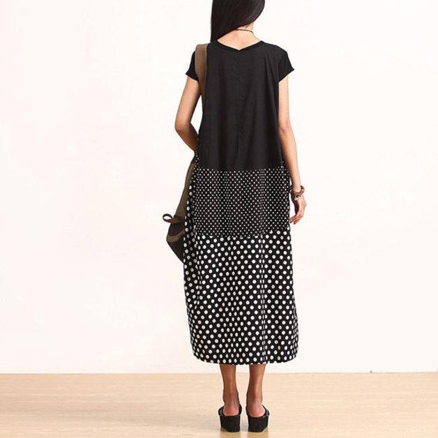 black dotted cotton summer maxi dress oversize sundress