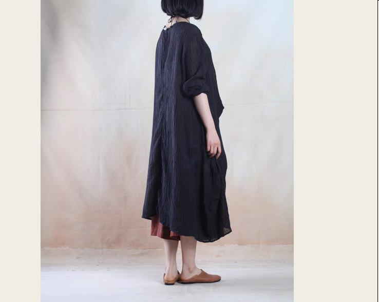 Crinkle Linen V-Neck Long Sleeve Kaftan Maxi Dress