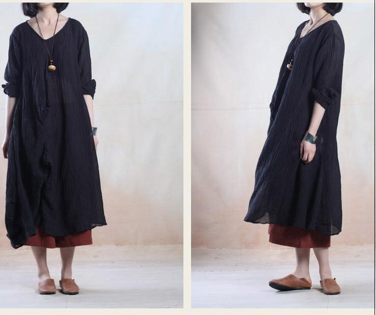 Crinkle Linen V-Neck Long Sleeve Kaftan Maxi Dress