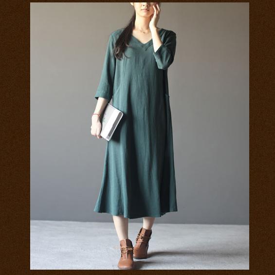 blackish green linen sundress cotton maxi dress