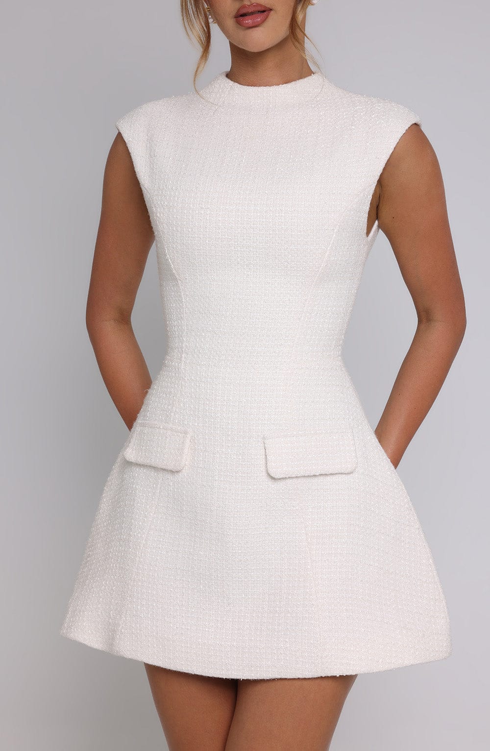 Tweed Mock Neck Cap Sleeve Flap Pocket A-Line Mini Dress 4