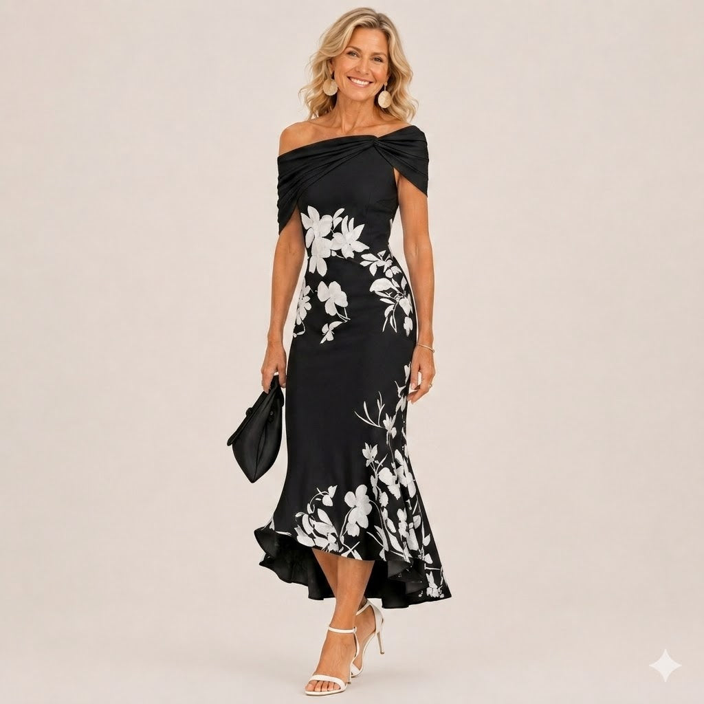 Floral Off Shoulder Twist Front Mermaid Midi Dress
