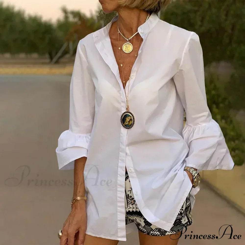 Blouse Office Arm V Button Women's Flare Up White Neck Blouse