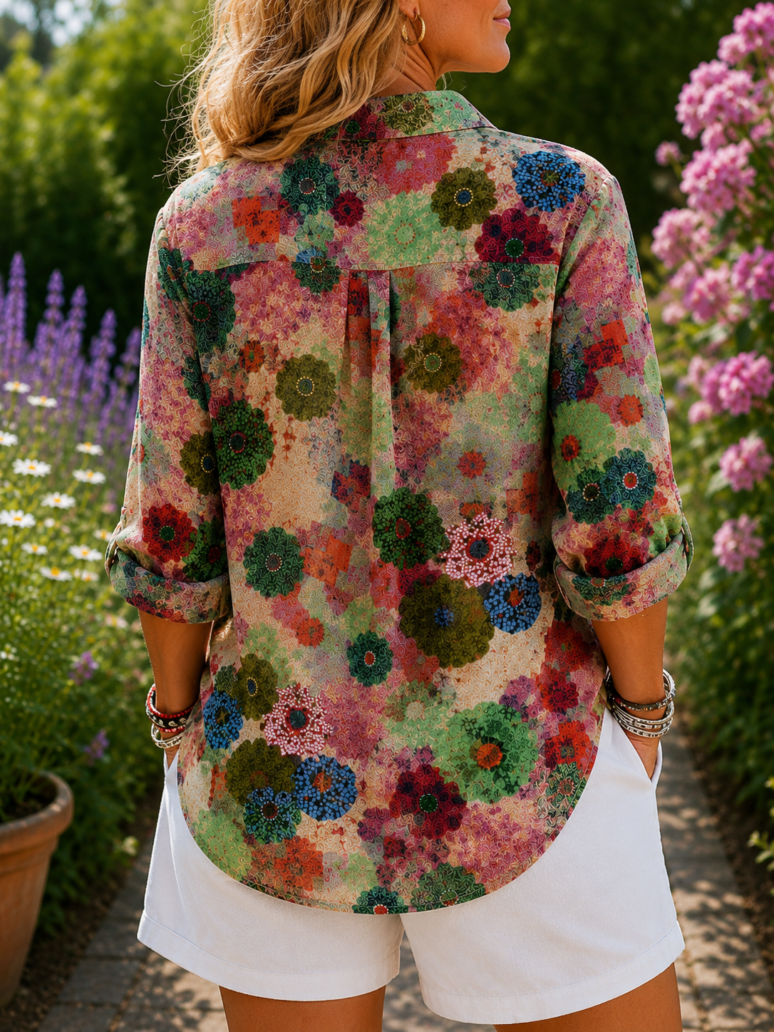 Floral Print Collared Button Front Long Sleeve Blouse