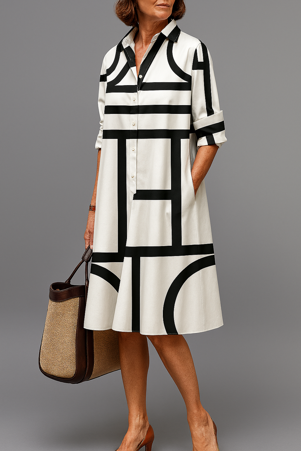 Geometric Print Collared Button Front Shirt Dress