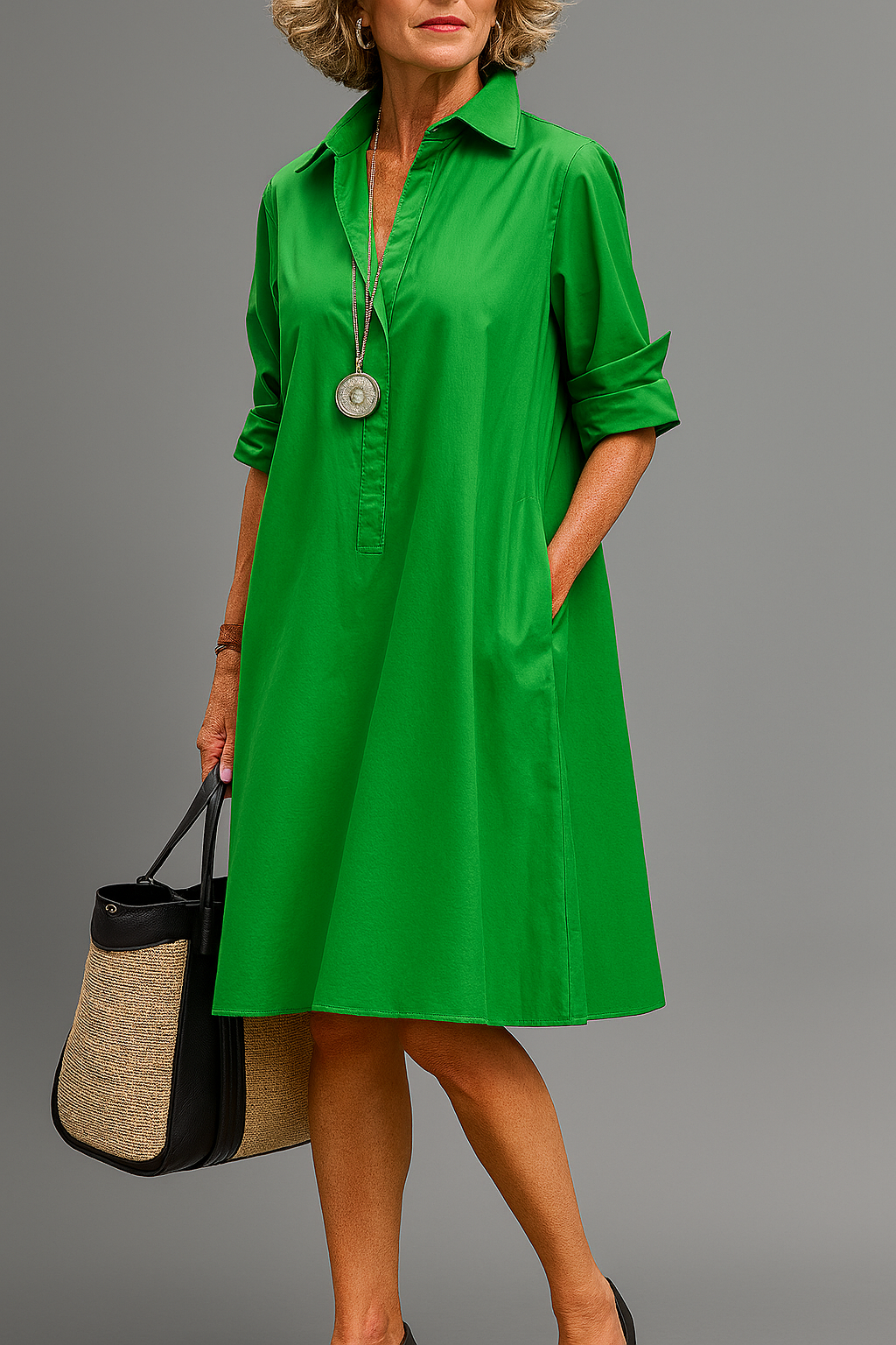 Collared Split Neck Roll Sleeve A-Line Shirt Dress