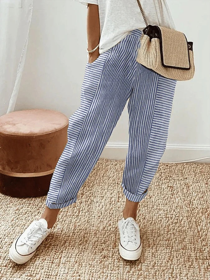 Striped High Waist Cuffed Hem Tapered Pants