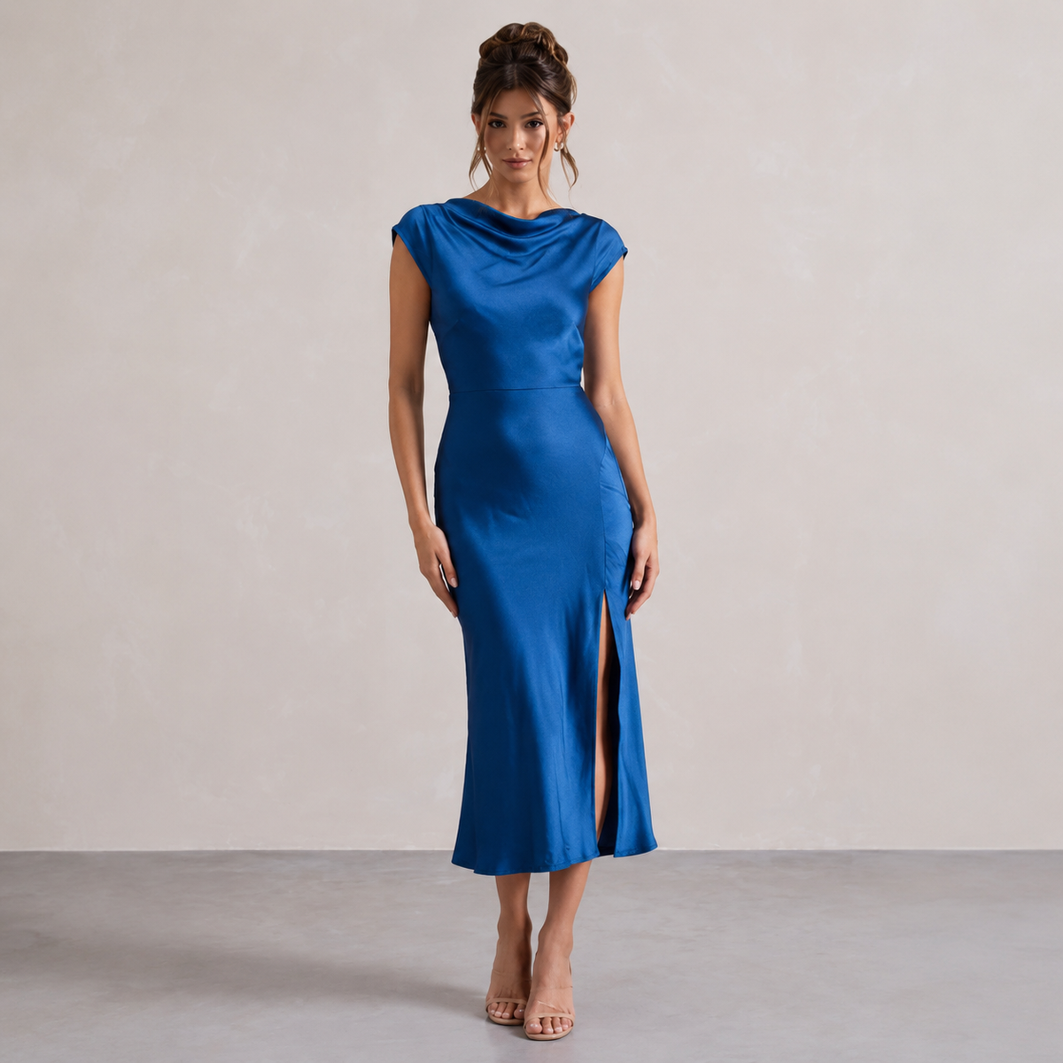Satin Cowl Neck Cap Sleeve High Split Midi Dress 10