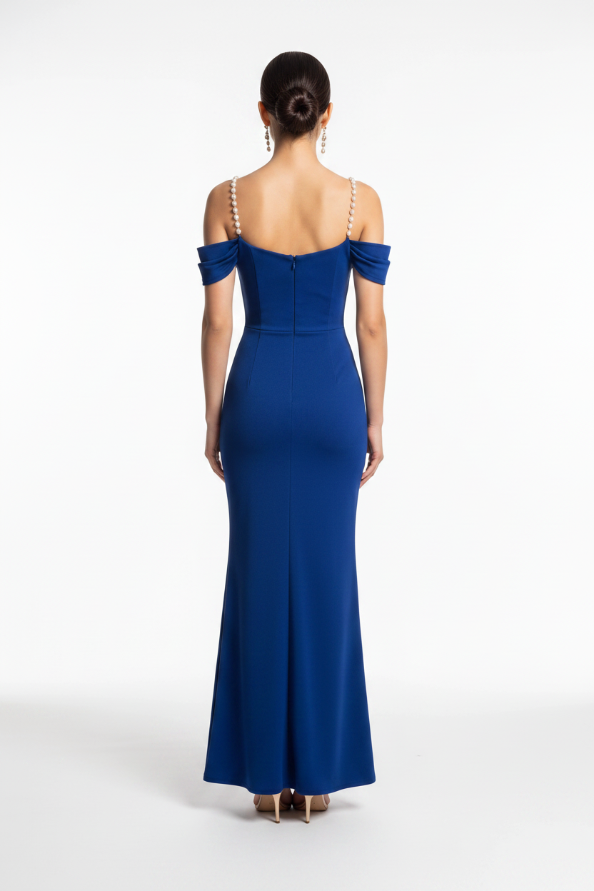 Cowl Neck Off Shoulder Pearl Strap High Split Bodycon Maxi Dress