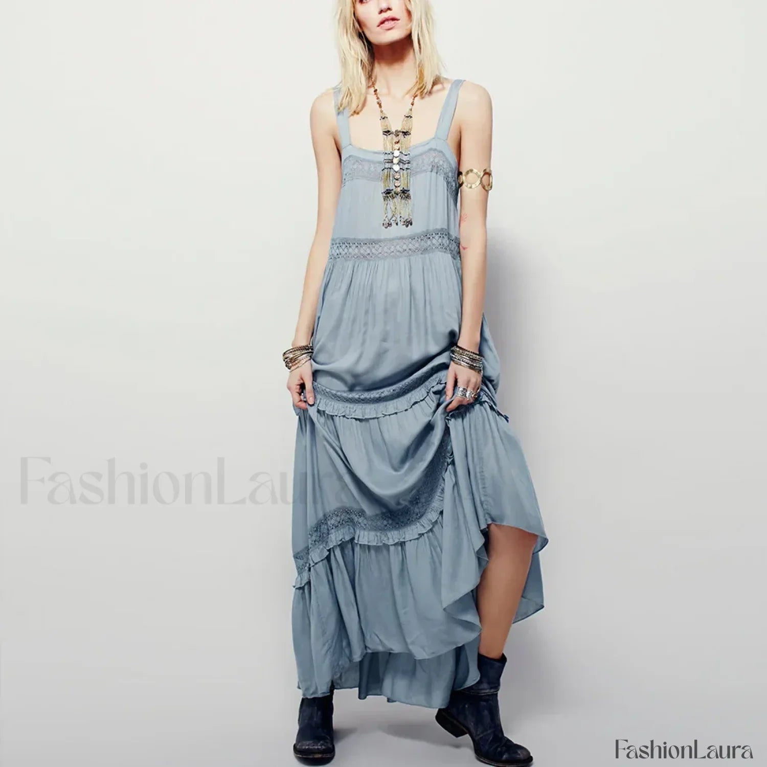 Blue Cotton Strap Maxi Boho Dress