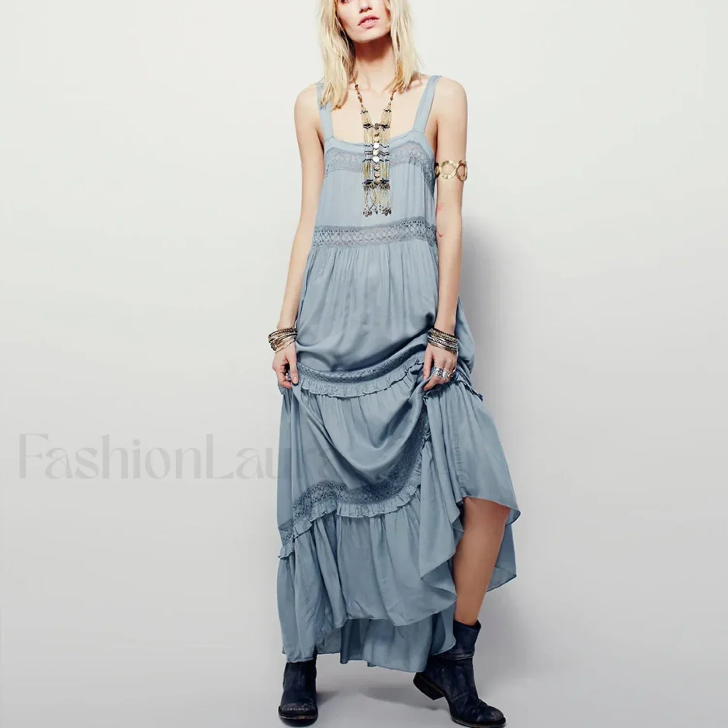 Blue Cotton Strap Maxi Boho Dress