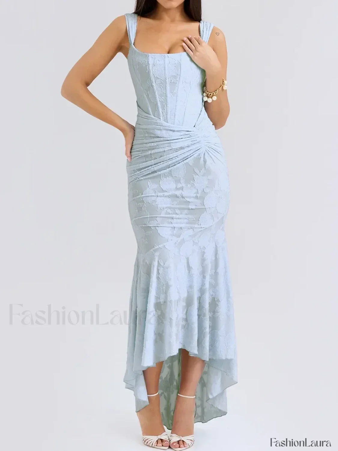 Blue Floral Gathered Maxi Dress