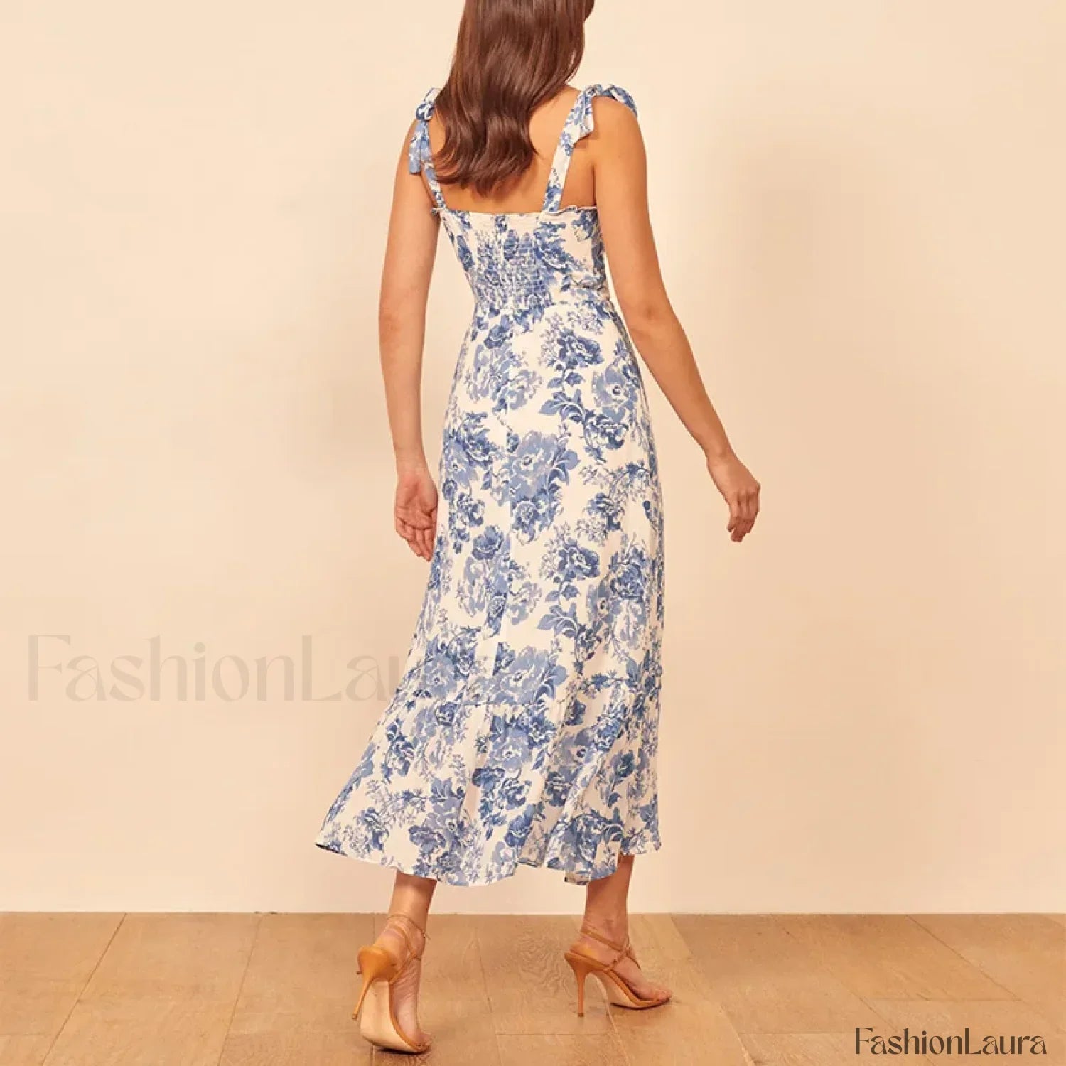 Blue Floral Tie-Strap Midi Dress