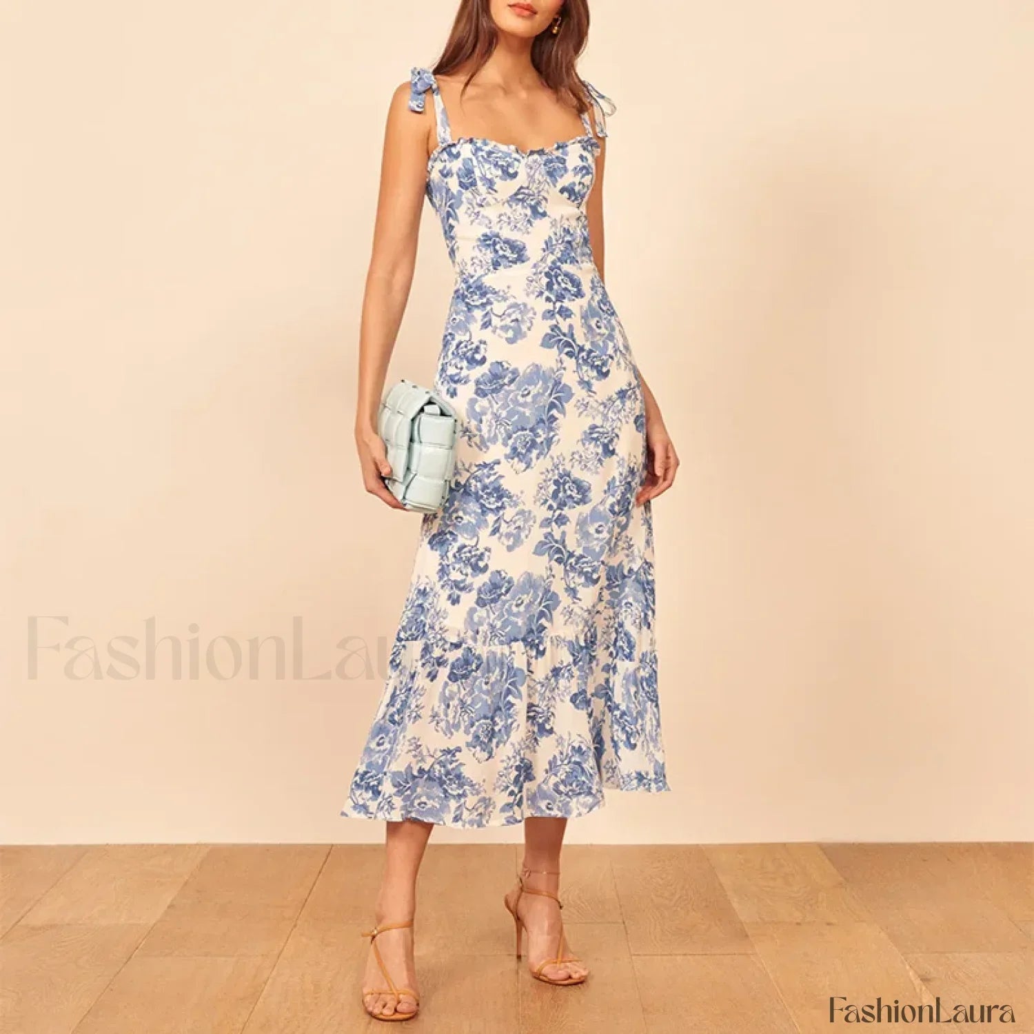 Blue Floral Tie-Strap Midi Dress