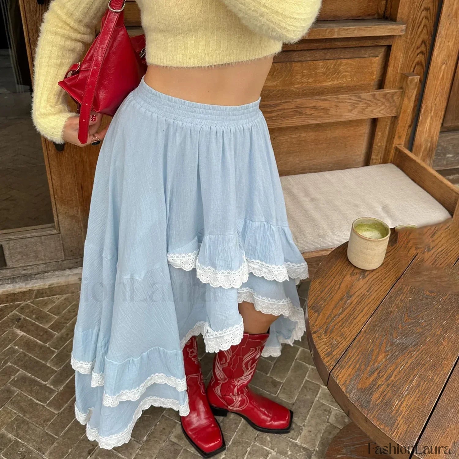 Blue Lace Patchwork Asymmetric Skirt