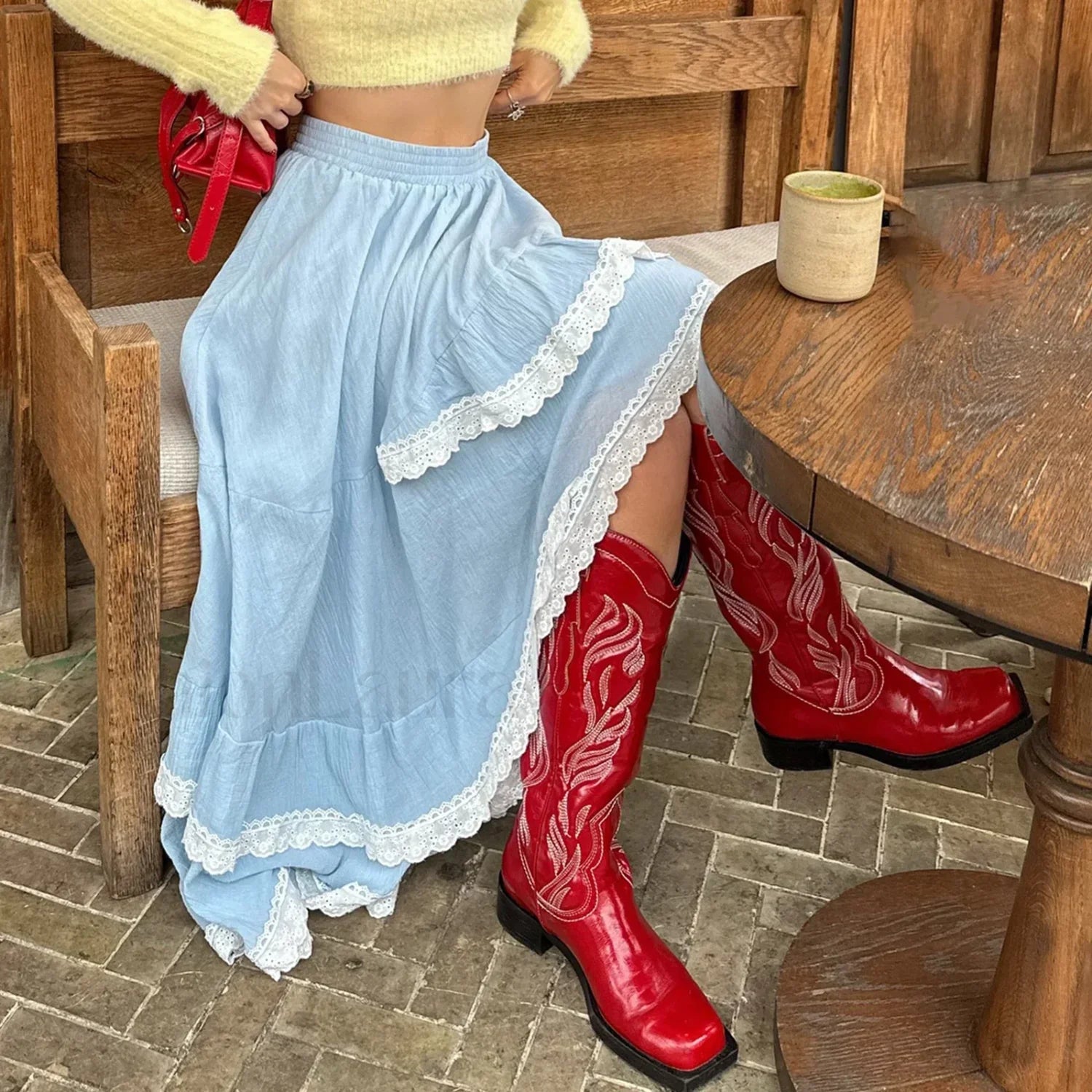 Blue Lace Patchwork Asymmetric Skirt