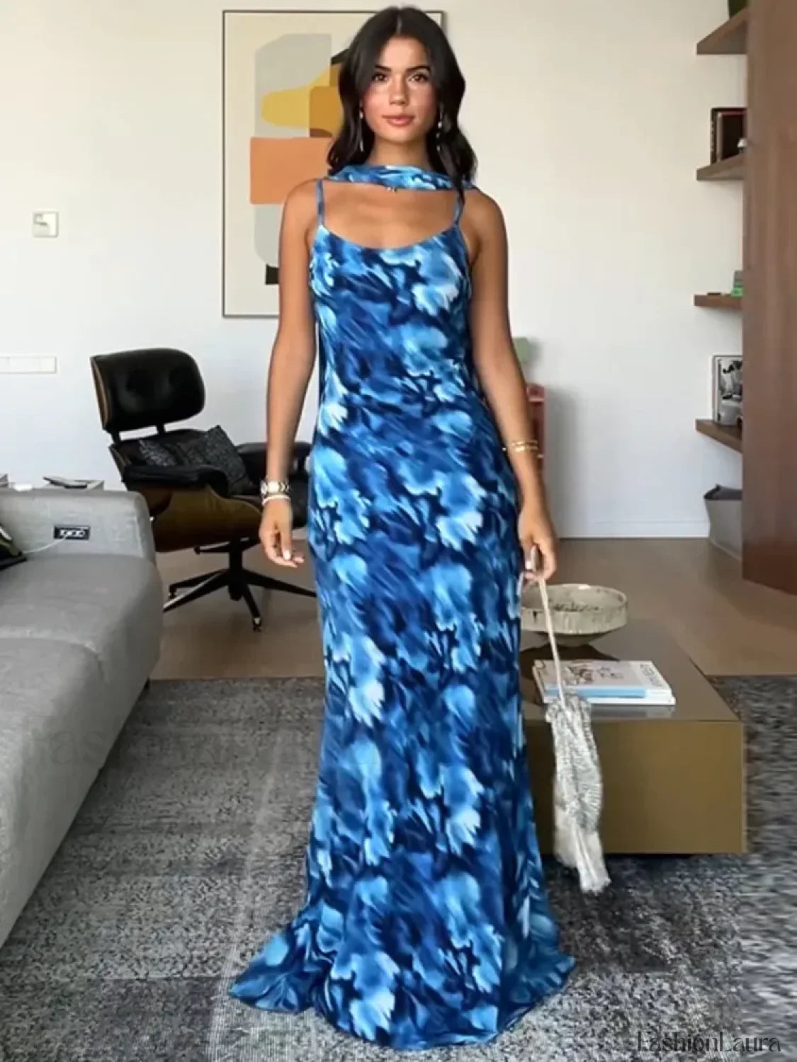 Blue Lace-Up Maxi Floral Dress