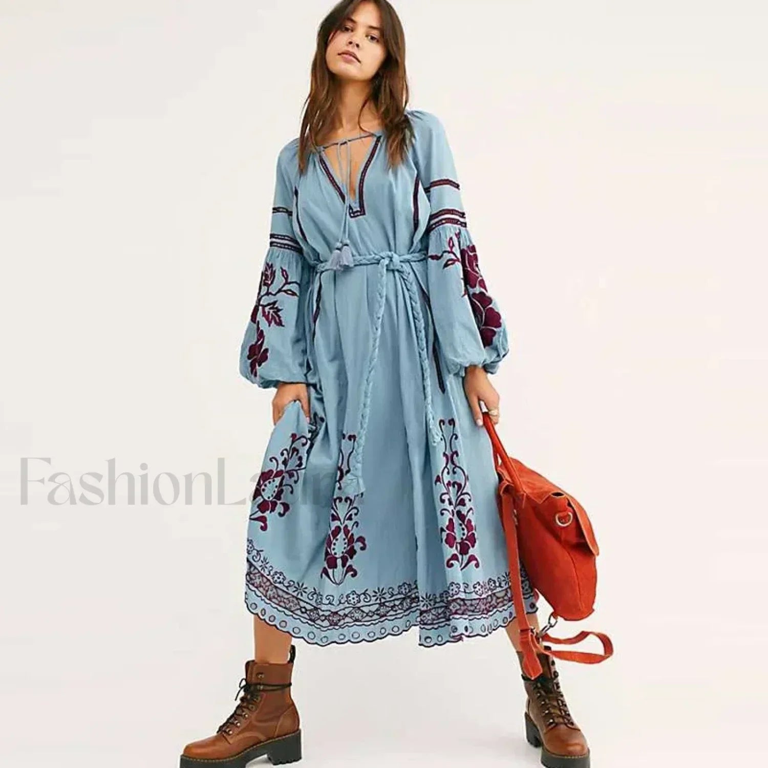 Blue Lantern Sleeve Tunic Boho Dress Blue / S