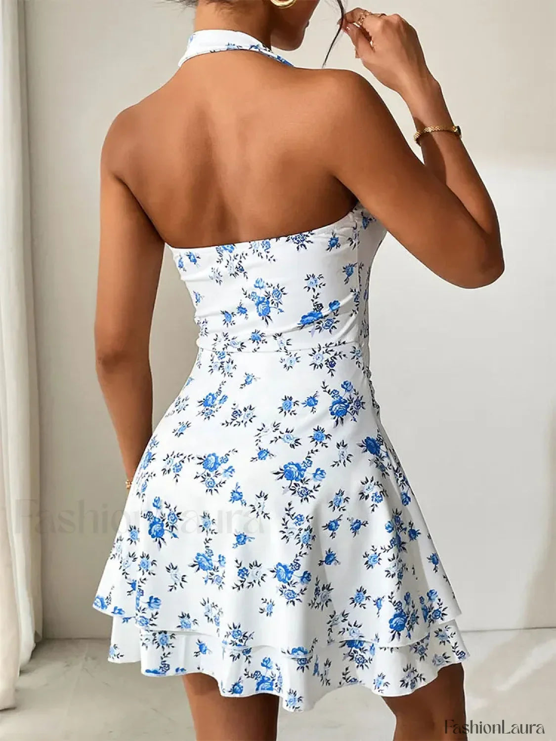 Blue Printed V-Neck Mini Dress