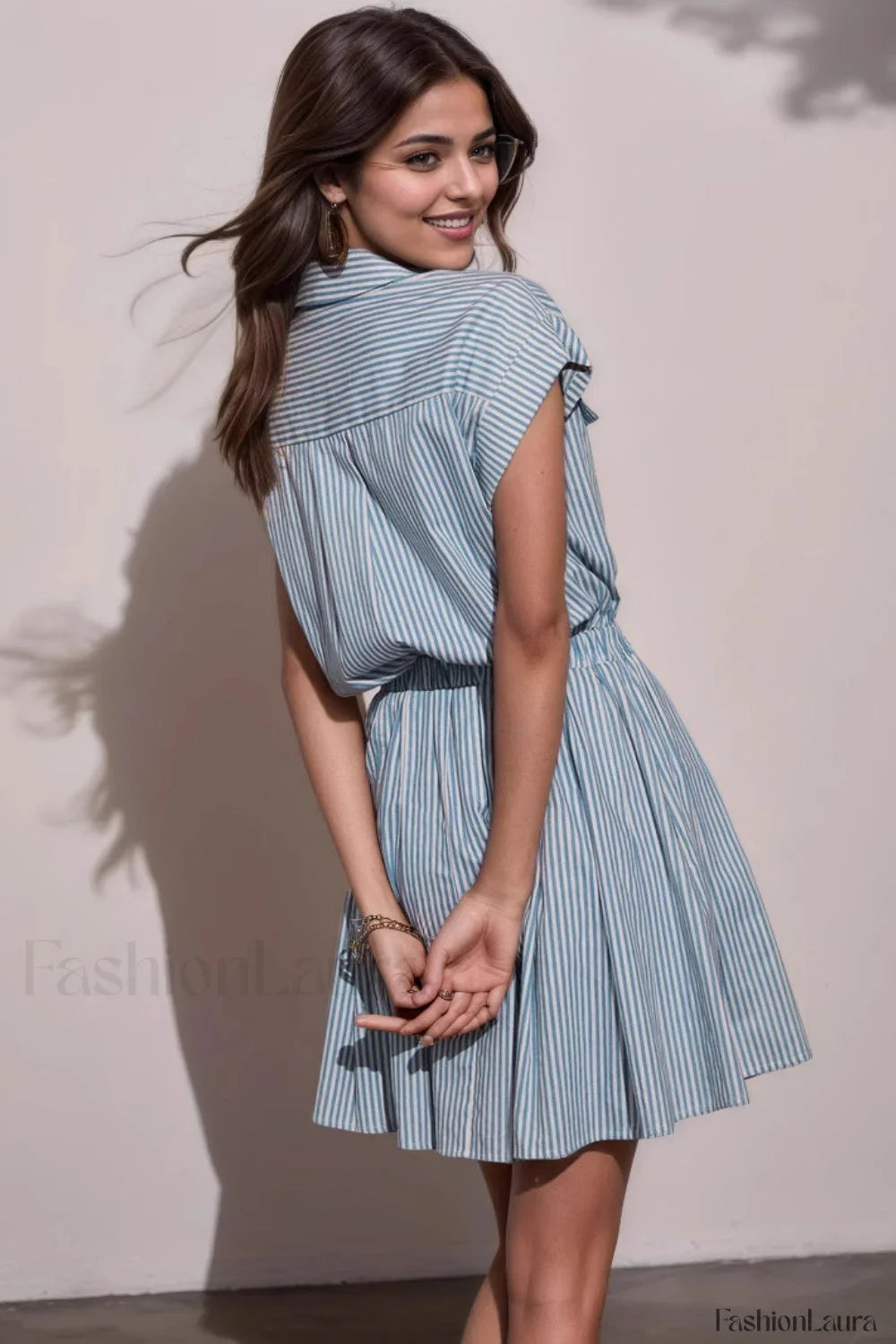 Blue Striped Collared Short Sleeve Bodycon Work Dress