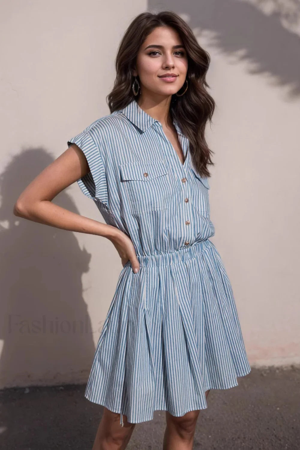 Blue Striped Collared Short Sleeve Bodycon Work Dress