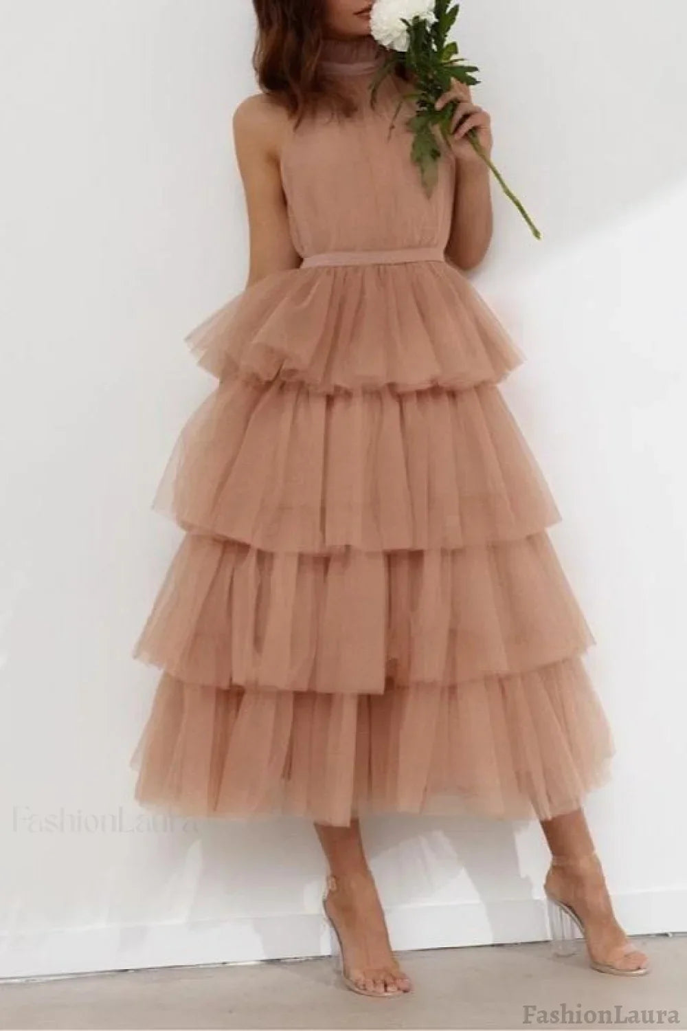 Blue Tiered Ruffle Mesh Party Dress XS / Khaki