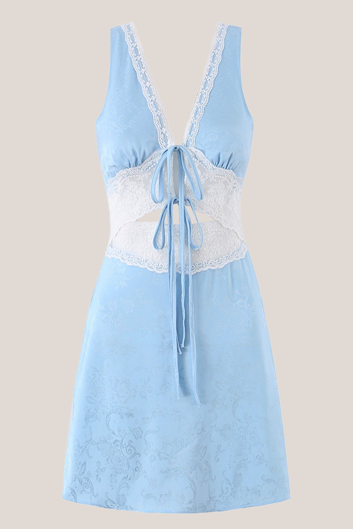 Blue V Neck Lace Cotton Sheath Mini Dress