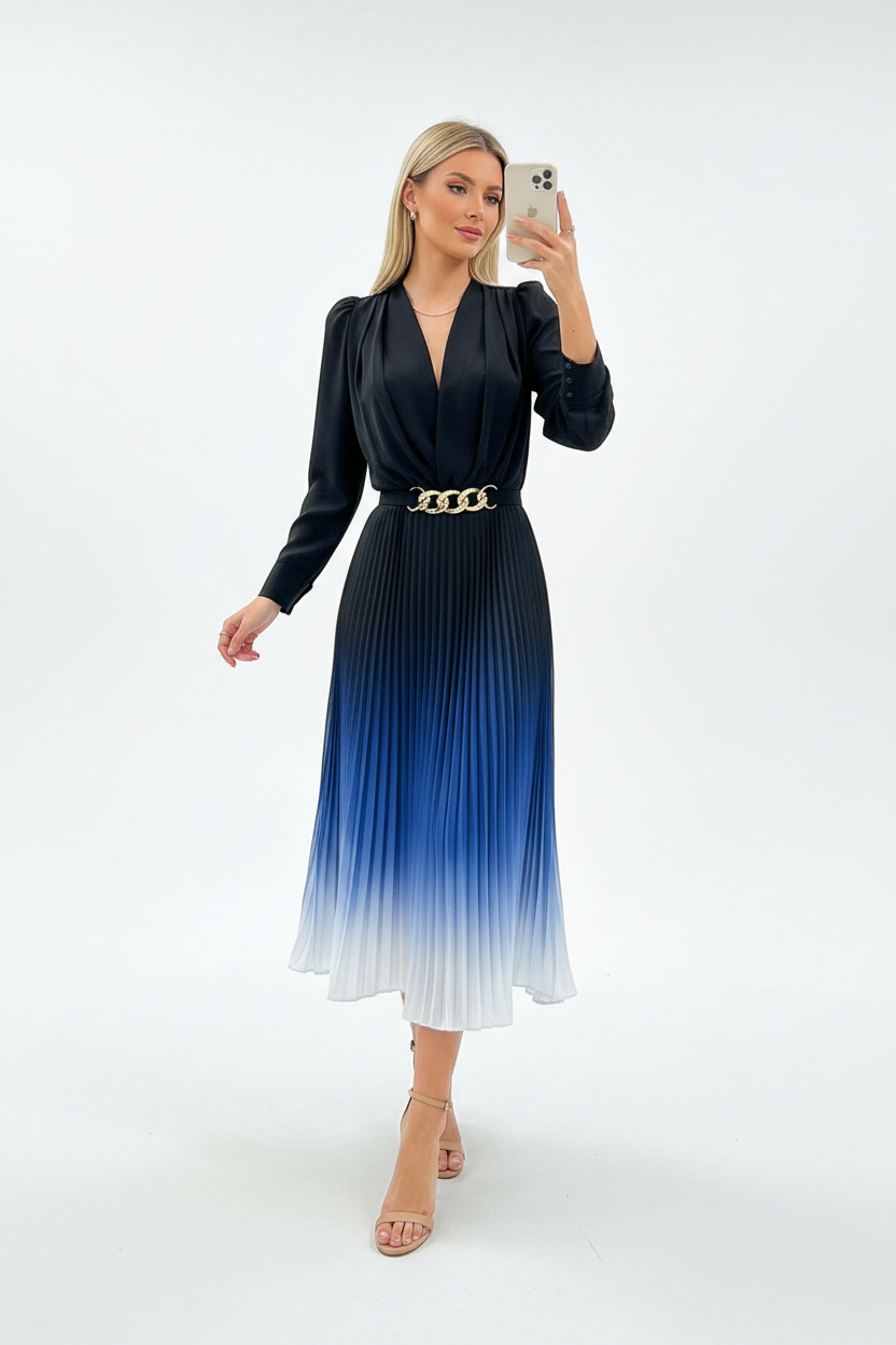 Stylish Ombre Midi Dress with Elegant Sleeves and Flattering Fit - Jamota