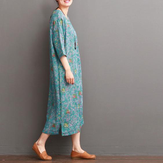 blue floral linen dresses for summer half sleeve