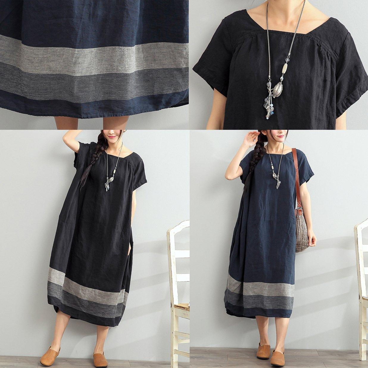 Blue Summer Linen Dresses Oversize Casual Sundress Slash Neck Maxi Dress