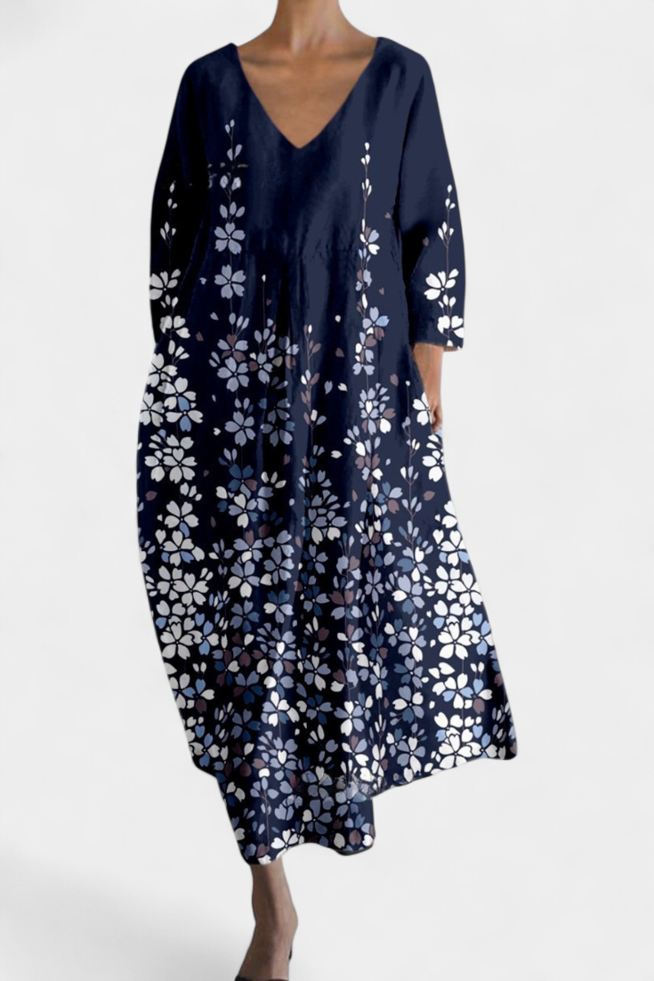 Abstract Print V-Neck Three Quarter Sleeve Oversized Maxi Dress