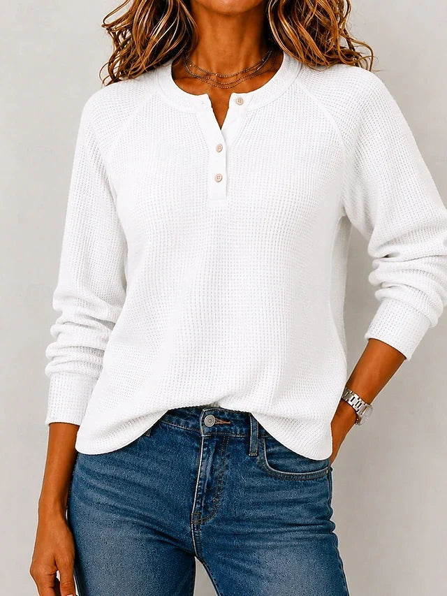 Split Neck Button Long Sleeve Waffle Knit Top
