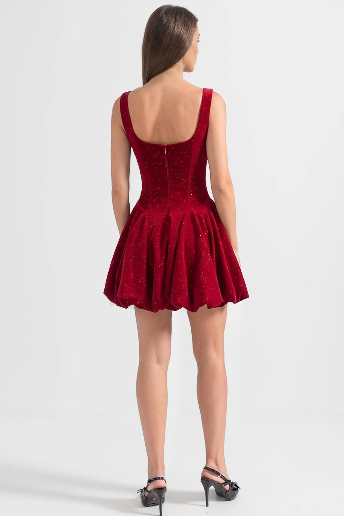 Velvet Square Neck Rhinestone Trim Corset Fit and Flare Mini Dress 4