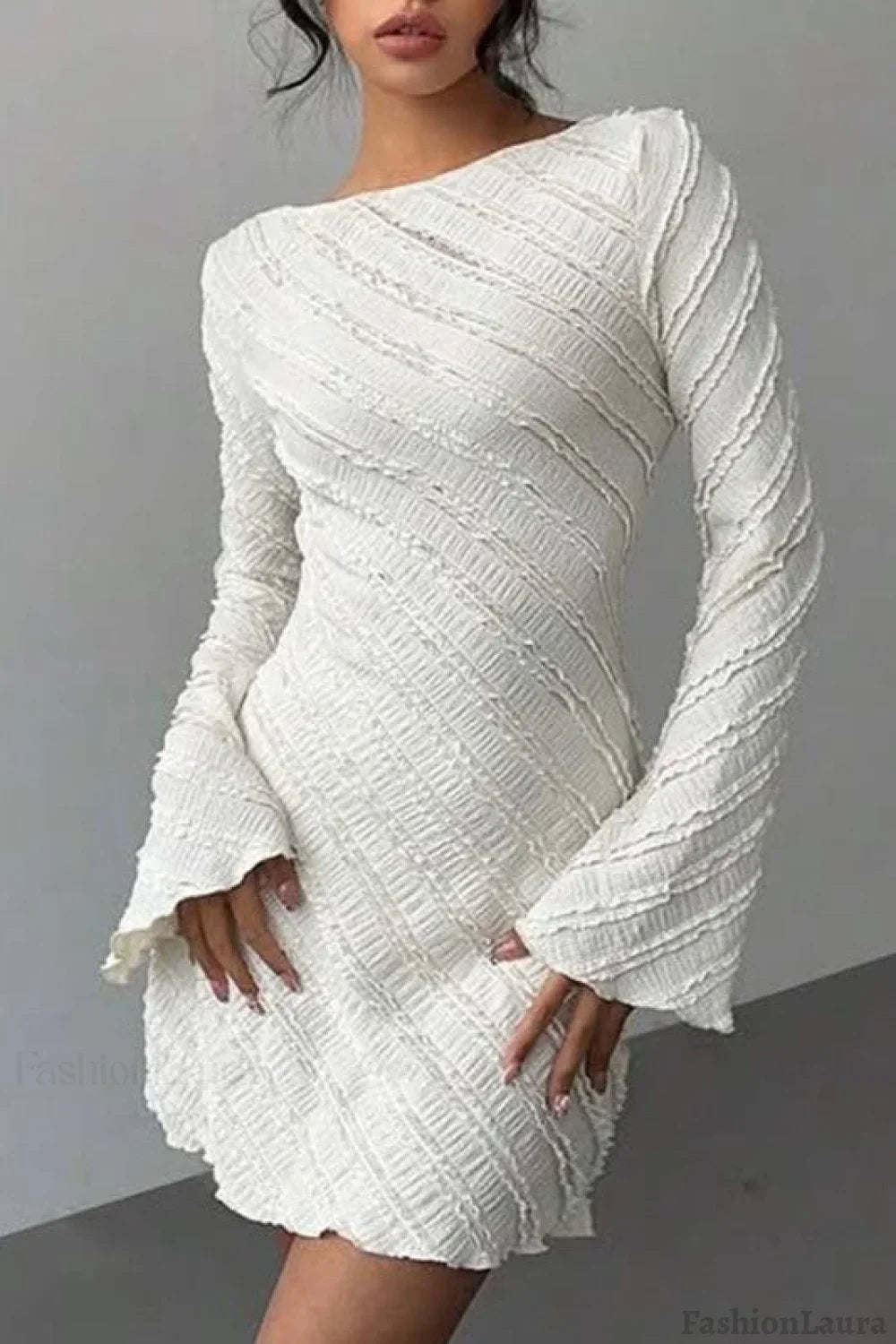 Boat Neck Backless A-Line Sweater Dress S / White
