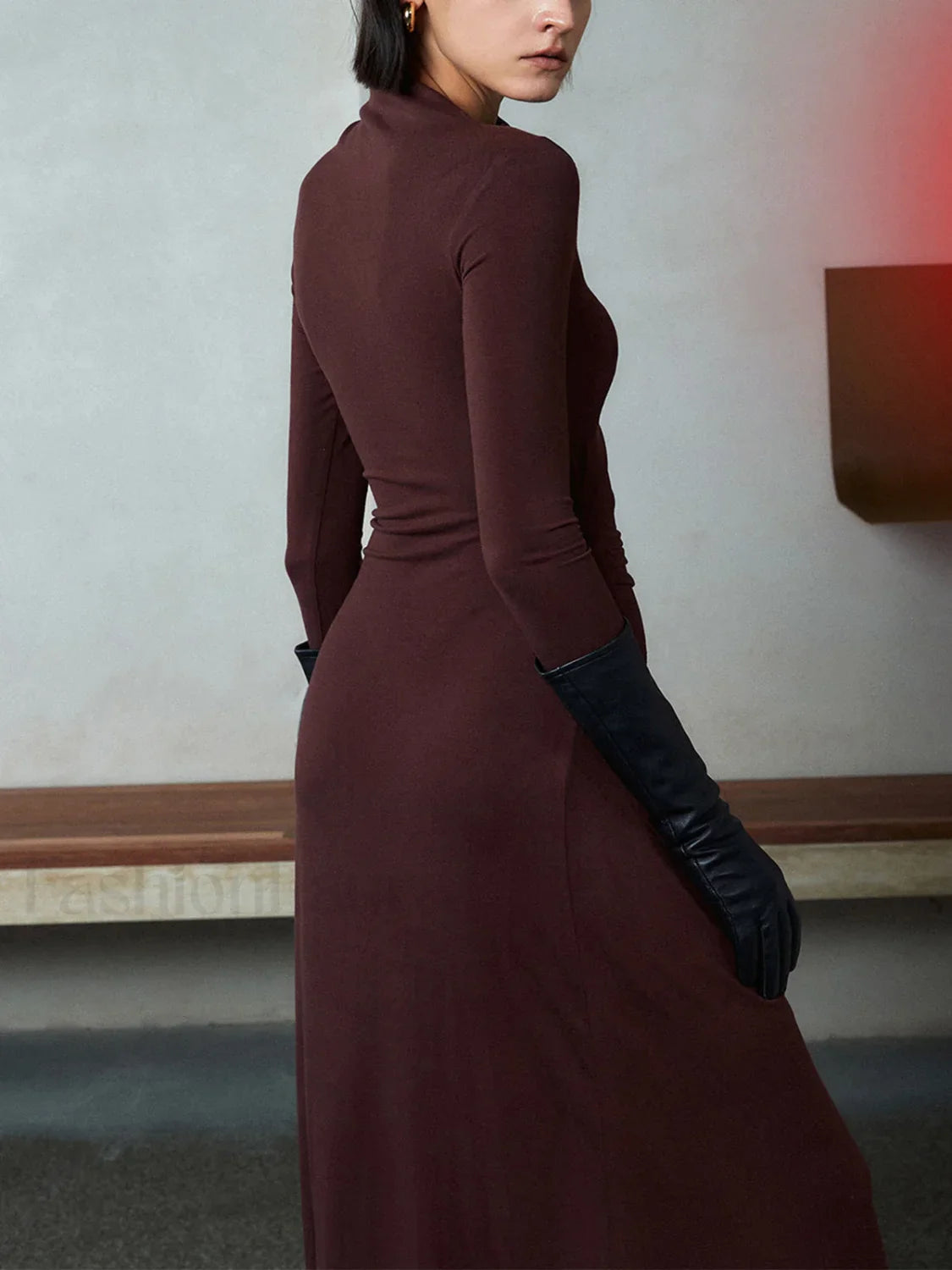 Bodycon Asymmetrical Neck Long Modern Sleeve Ruched Maxi Dress