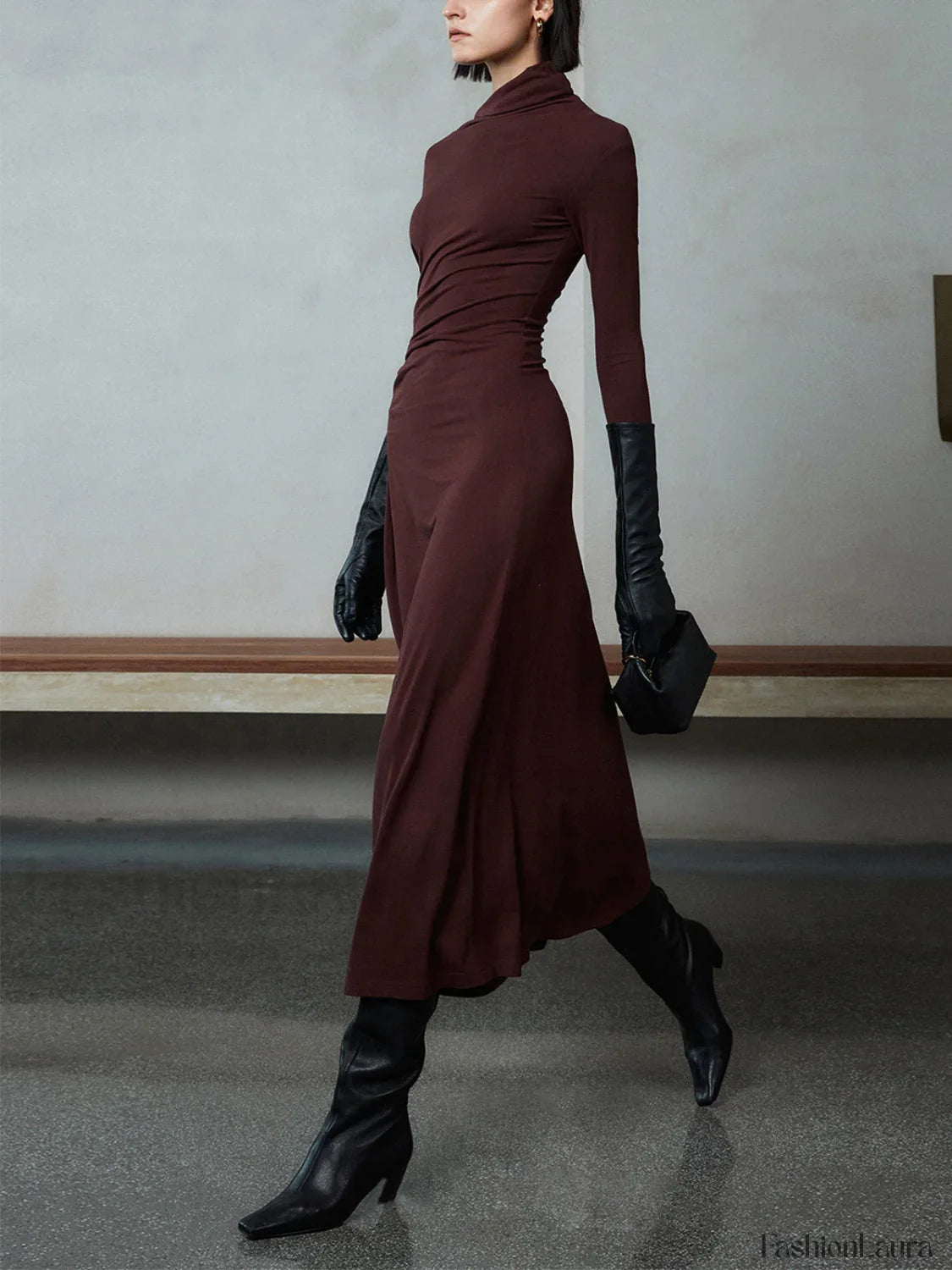 Bodycon Asymmetrical Neck Long Modern Sleeve Ruched Maxi Dress